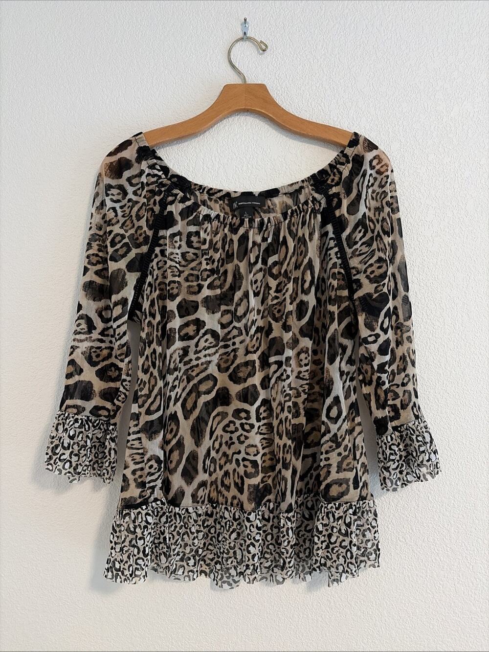 NEW INC International Concepts Blouse Women's L Cheetah Sheer Shirt Top